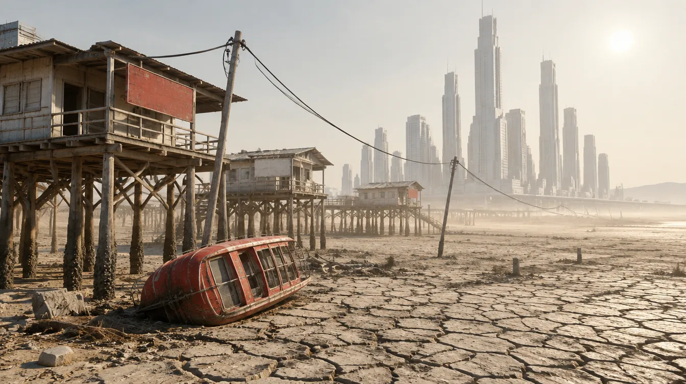 Menara Drybank di musim kemarau. Lumpur The Piles retak, rumah panggung kosong berdiri di atas tiang kering, perahu ojek merah terguling.